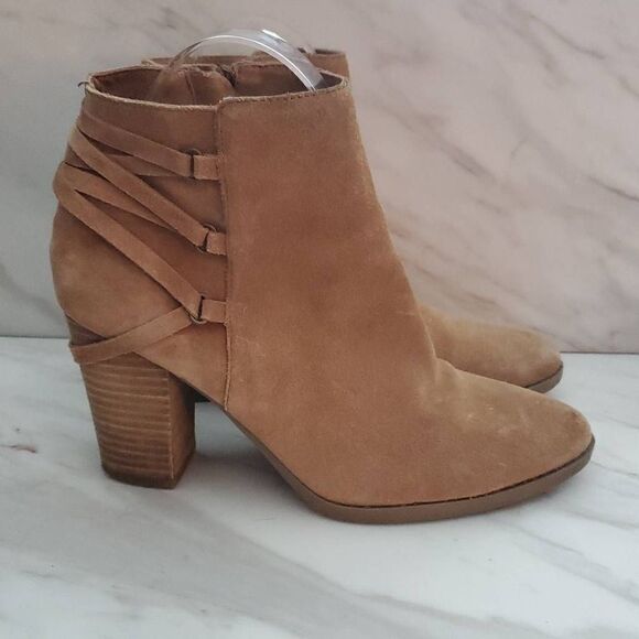Franco Fortini Shoes - Franco Fortini Carly Tan Suede Braid Lace Back Wooden Block Heel Ankle Booties S